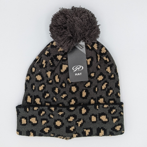 Accessories - Black-Grey Leopard Print Pom Beanie